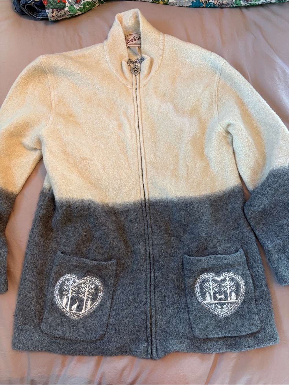 Woolrich Cream and Gray Zip-Front Women's Sweater Jacket